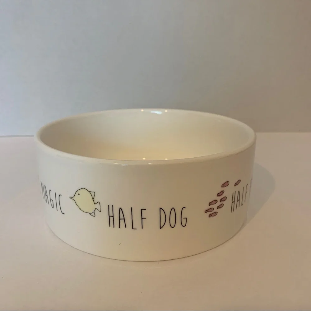 Dog Bowl 6” Round Dishwasher Microwave Safe Dish Cream Color Fish Dog Design